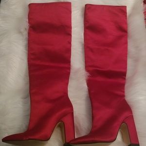 ZARA RED SATIN KNEE HIGH BOOTS